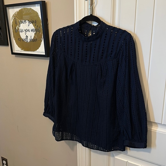 Navy Eyelet 3/4 Sleeve Blouse - Picture 1 of 4